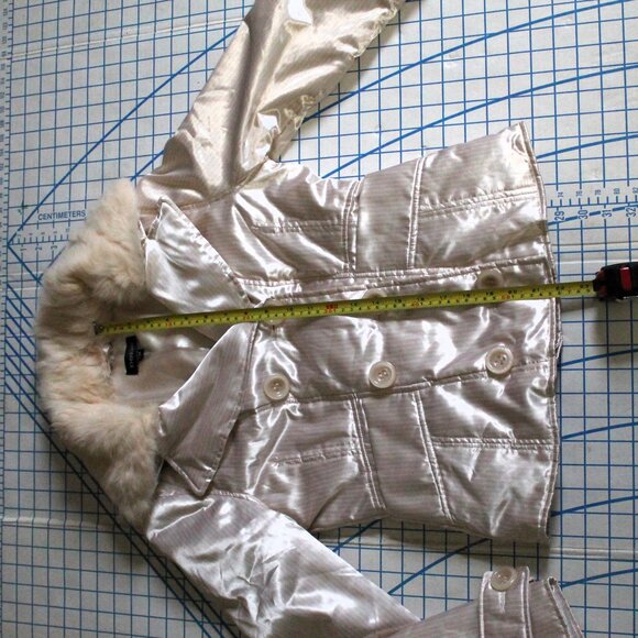 BEBE Satin Down Jacket with Removable Rabbit Fur Collar, Small - Picture 14 of 15